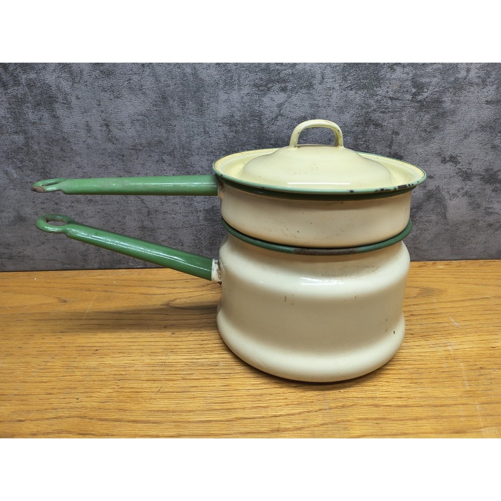 Vintage Enamelware Double Boiler Cream Green Trim Circa 1930's - 40's Lid 3 Pcs